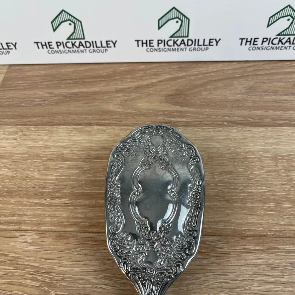 Vintage Silver Tone Embossed Floral Hand Mirror and Hair Brush Vanity Set 2pc